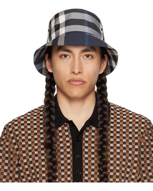Burberry Blue Navy Check Bucket Hat for men