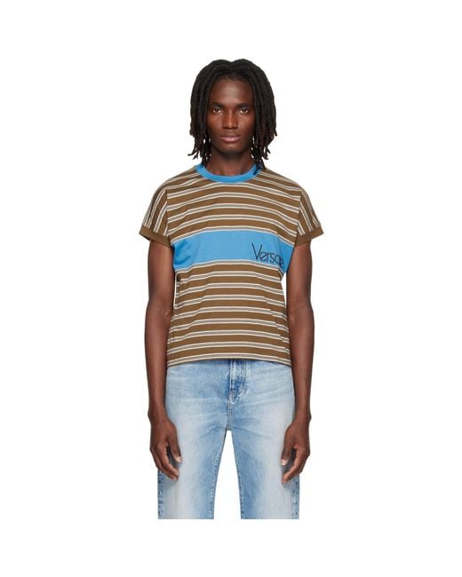 Versace Blue Embroidered-Logo Striped-Intarsia Cotton T-Shirt for men
