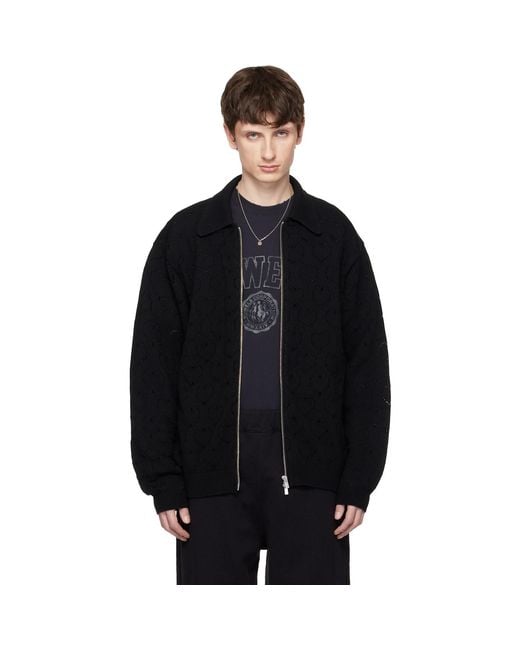 vowels Black Eyelet Knitted Zip-Up Jacket for men