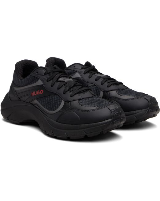 HUGO Black Jacquard Jersey Faux-Leather Sneakers for men