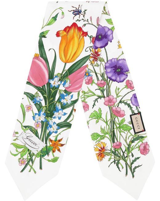 Gucci White Petit Fly Flora Floral-print Silk Scarf