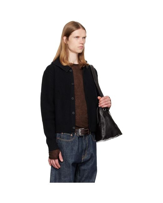 TONYWACK Black High Neck Merino Wool Button-Up Cardigan for men