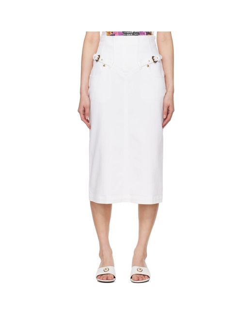 Versace Jeans Couture White Baroque Buckle Denim Midi Skirt