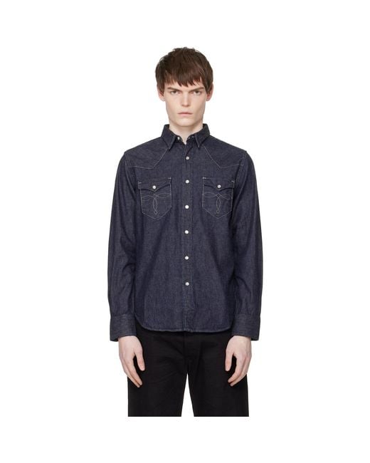 RRL Blue Slim Fit Denim Western Shirt for men