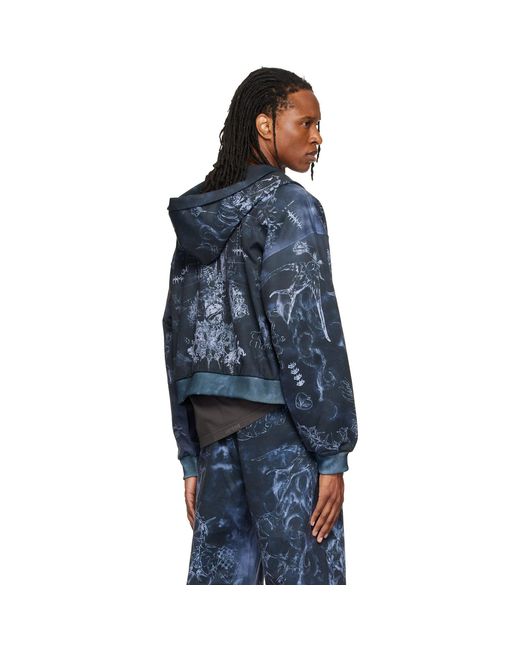 we11done Blue Tattoo Printed Zip-Up Hoodie for men