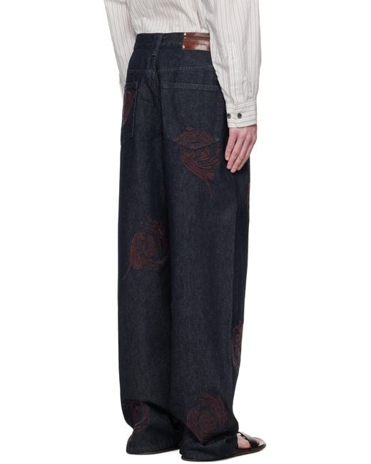 メンズ Dries Van Noten ネイビー Embroidered Pattern ジーンズ Blue