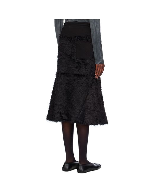 OPEN YY Black Shaggy Faux-Fur Midi Track Skirt