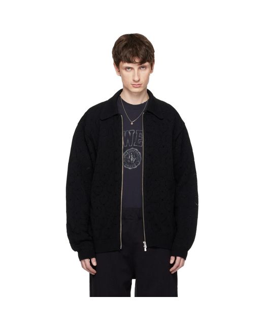 vowels Black Eyelet Knitted Zip-Up Jacket for men