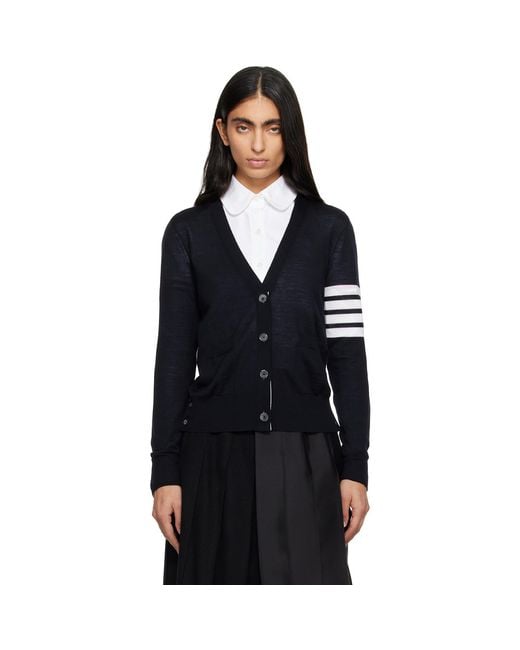 Thom Browne Black Merino Wool 4-Bar Relaxed Fit V-Neck Cardigan