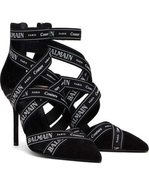 Chaussures À Talon Aiguille Noires En Suède À Motif À Logos Couture Balmain en coloris Black