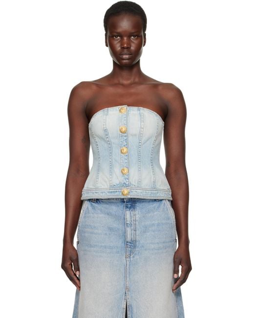 Balmain Multicolor Buttoned Denim Corset Top