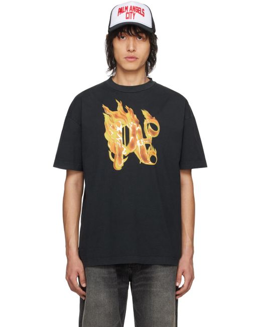 Palm Angels Black Burning Monogram T-shirt for men