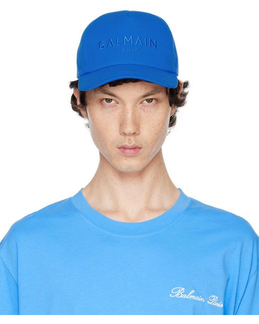 Balmain Blue Embroidered Cotton Baseball Cap for men