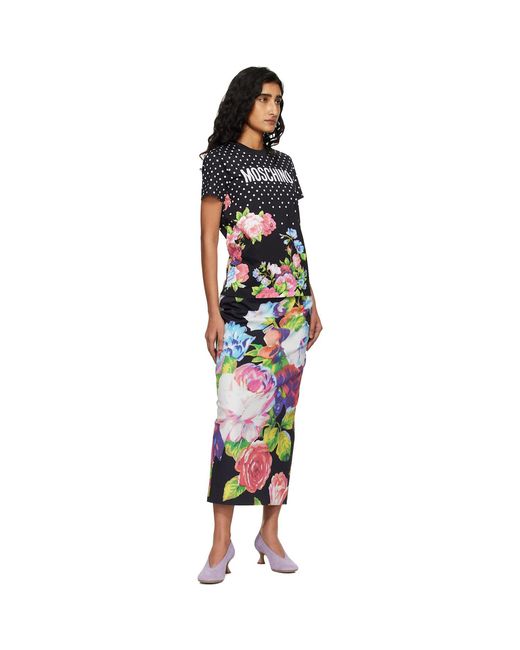 Moschino Black Printed Stretch Cotton Midi Skirt