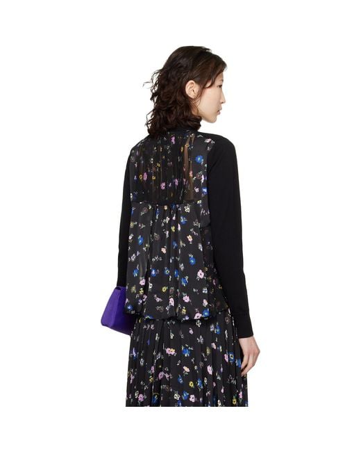 Sacai Black Floral Print Cotton Knit Cardigan