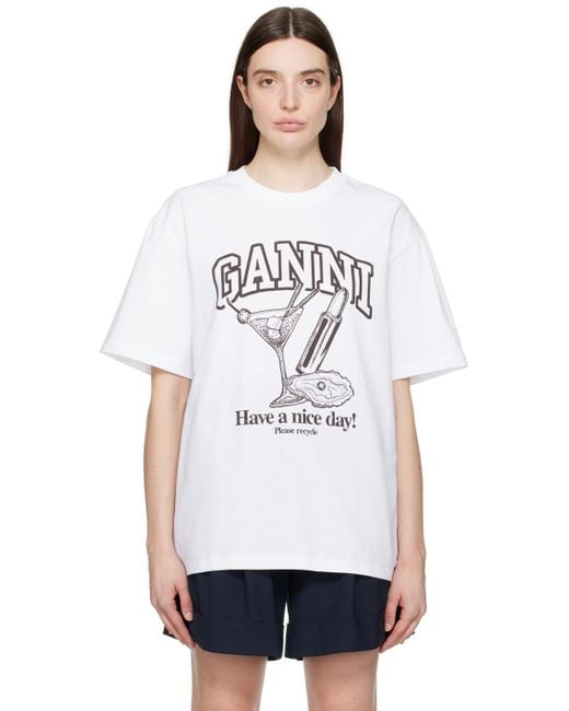 Ganni White Cocktail-print Organic And Recycled-cotton T-shirt