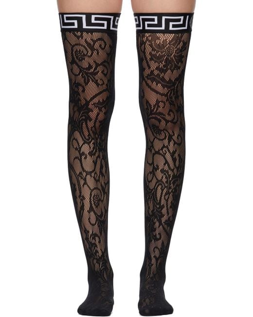 Versace Black Lace Greca Border Stockings | Lyst