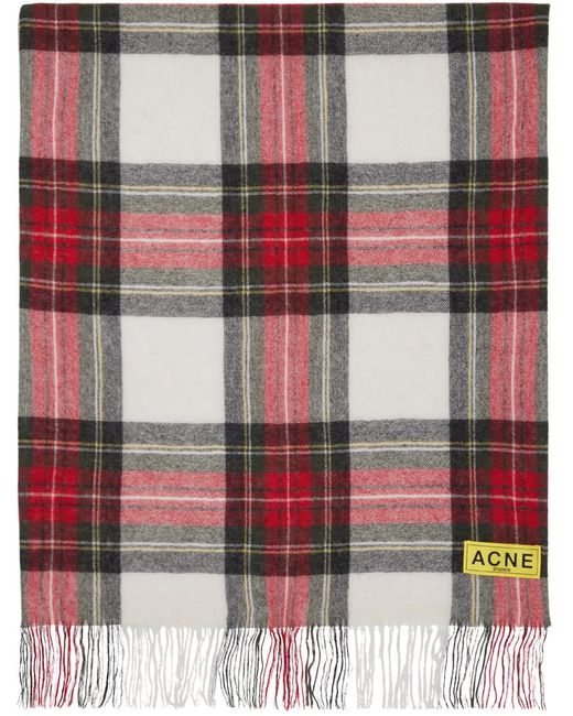 Acne Red & Off-white Check Fringe Scarf