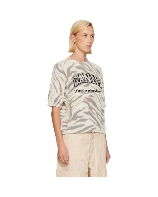 Ganni Natural Off- Graphic Wool Printed T-Shirt