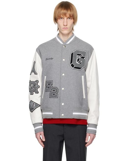 Givenchy Gray & White Varsity Bomber Jacket for men
