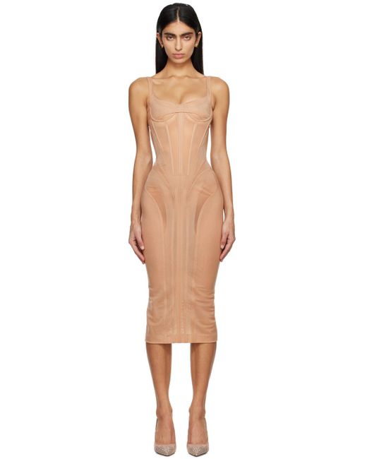 Mugler Black Beige Corseted Midi Dress