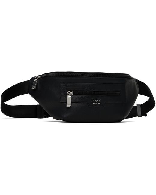 Boss Black Grained Faux-Leather Belt Bag for men