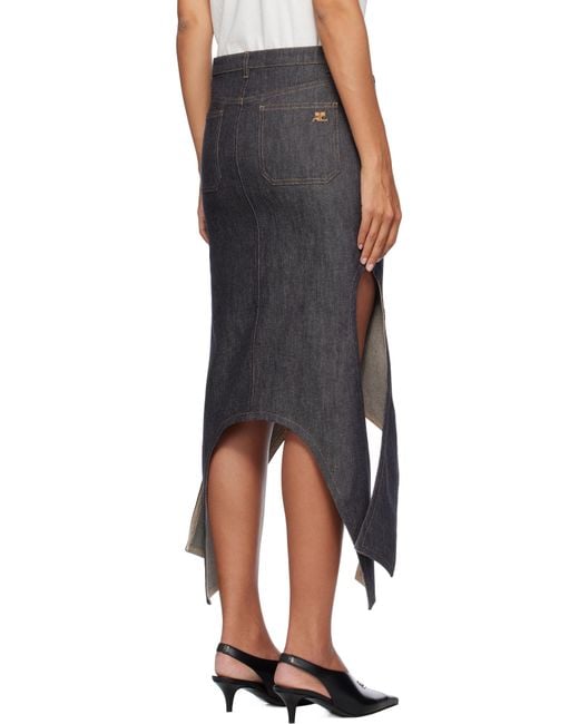 Courreges Black Reversed Denim Midi Skirt