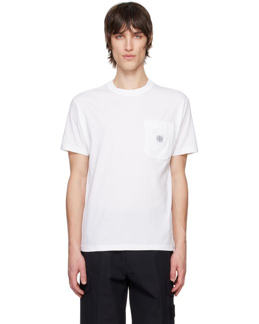 メンズ Stone Island ホワイト Fissato Effect オーガニックコットン ジャージ Tシャツ White
