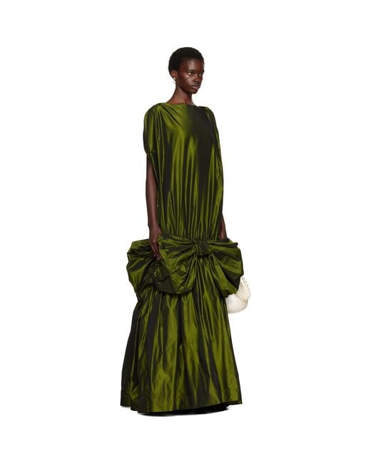 Simone Rocha Green Khaki Bow Hem Cascade Egg Maxi Dress
