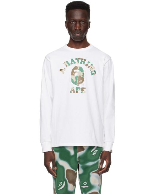 T-shirt à manches longues blanc à logo de style collégial à motif camouflage liquid A Bathing Ape pour homme en coloris Green