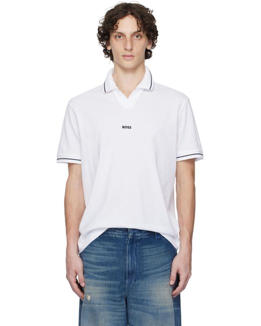 Boss White Relaxed-Fit Cotton Mesh Polo for men