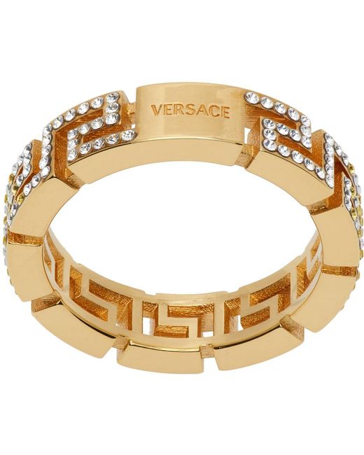Versace Metallic Gold Greca Crystal Ring for men