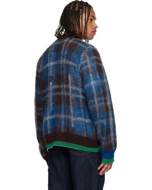 Sacai Blue Plaid Mohair Knit Cardigan for men