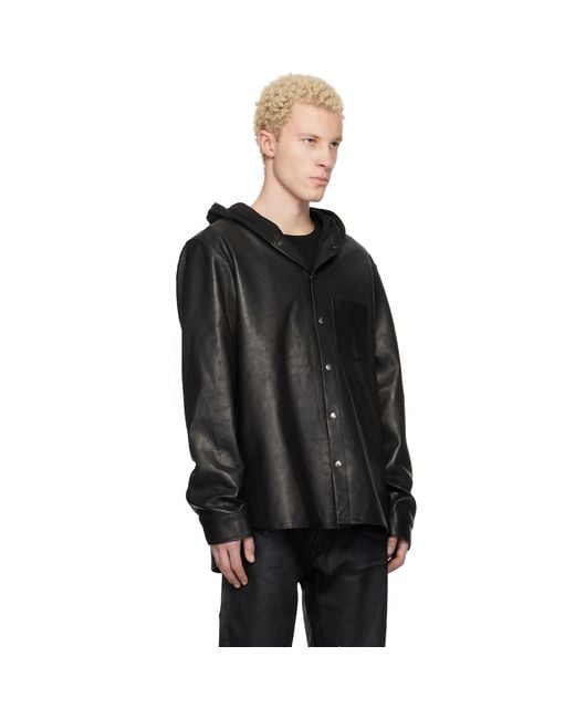 Det Blev Sent Black Hooded Leather Shirt for men
