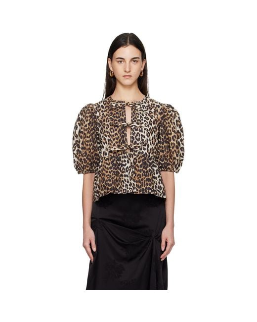 Ganni Black Tan Leopard Cotton Poplin Peplum Tie Blouse