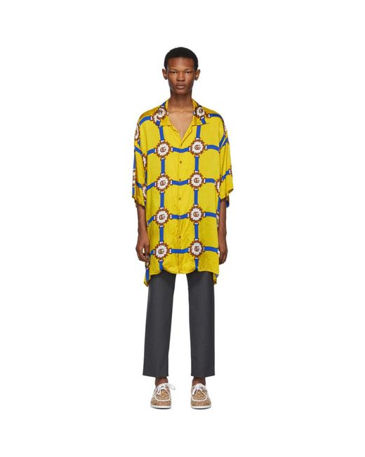 Gucci Yellow Oversized Harness-print Silk-twill Shirt for men