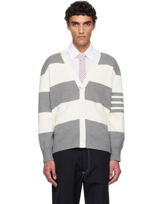 メンズ Thom Browne グレー＆オフホワイト Rugby Stripe Milano Stitch Vネックカーディガン Multicolor