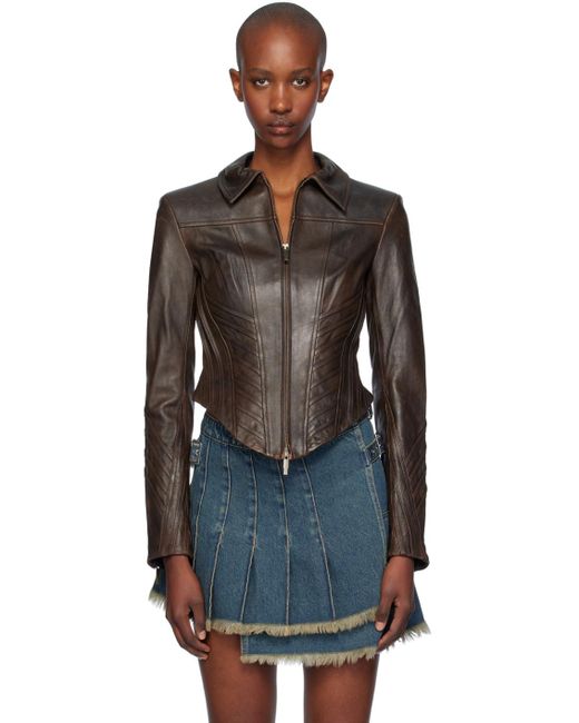 Blouson Brun En Cuir À Coutures De Style Corset Feng Chen Wang en coloris Black