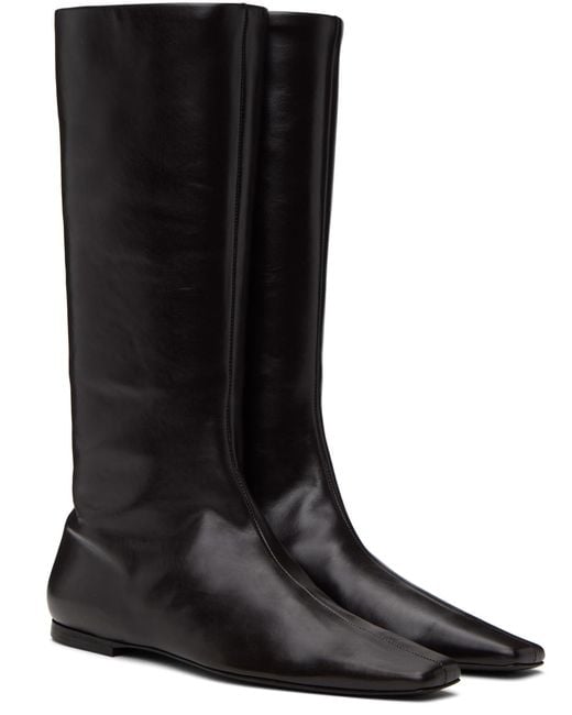 The Row Black Bette Square-toe Leather Knee-high Boots