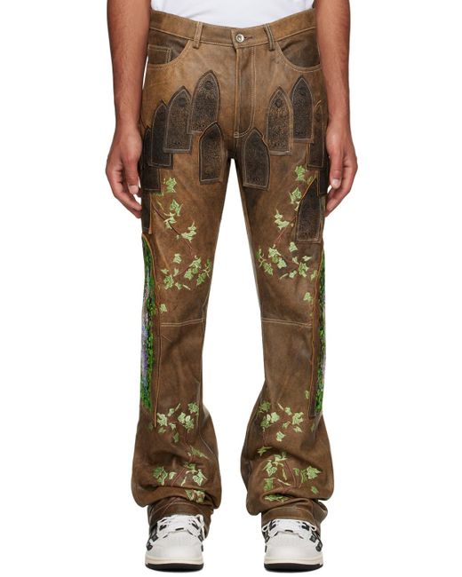 Who Decides War Brown Garden Glass Leather Pants for men