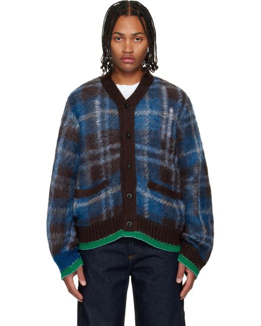 Sacai Blue Plaid Mohair Knit Cardigan for men