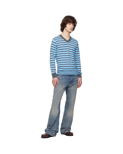 Junya Watanabe Blue Worsted Wool Jersey Stripe Sweater for men