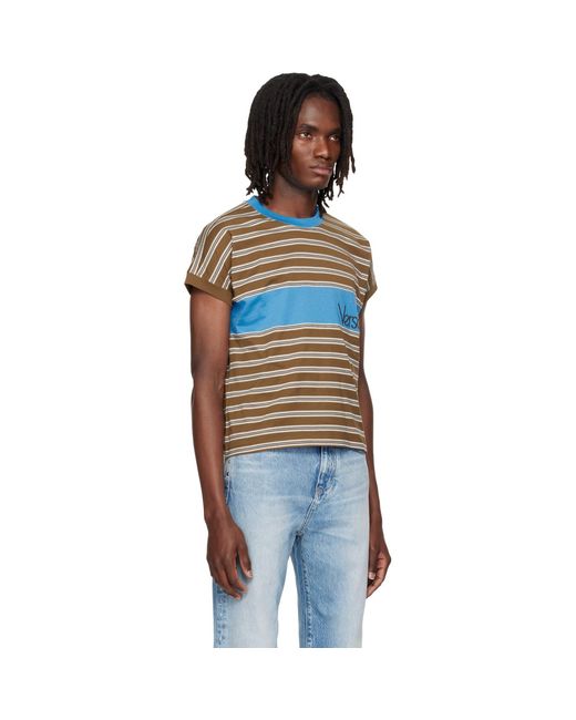 Versace Blue Embroidered-Logo Striped-Intarsia Cotton T-Shirt for men