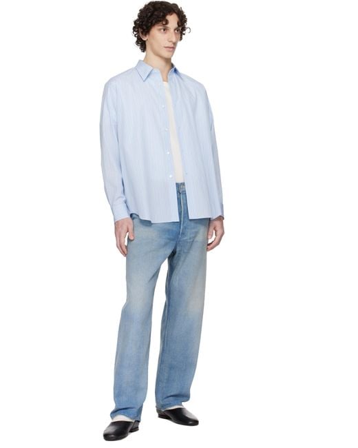 メンズ Auralee ブルー Suvin High Count Cloth ストライプ シャツ Blue
