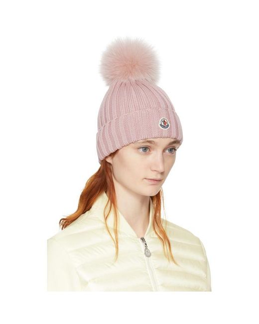 Moncler Wool Pink Ribbed Logo Pom Pom 