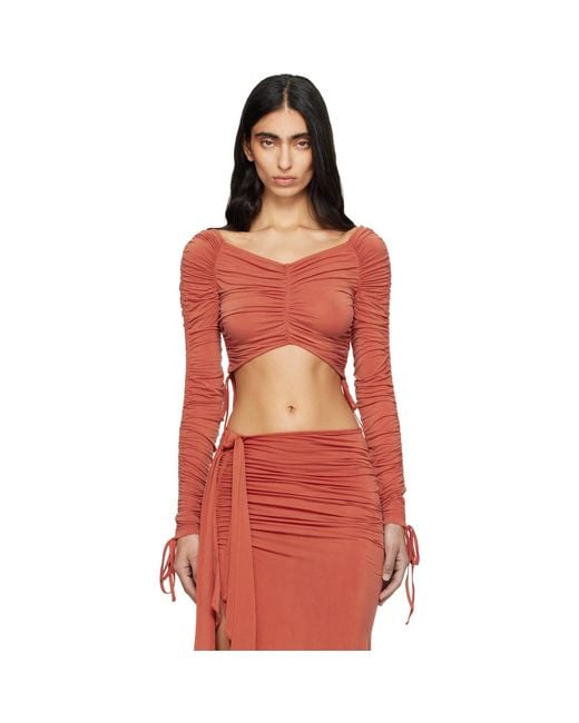 Balmain Red Ls Cropped Draped Jersey Top