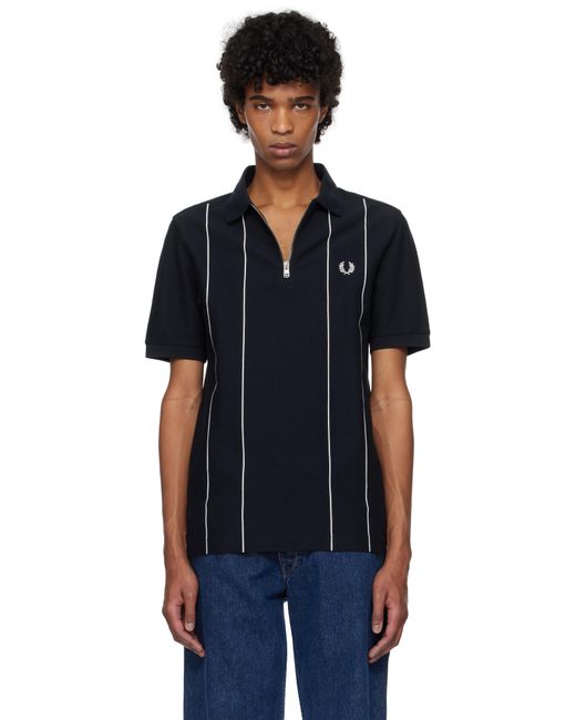 メンズ Fred Perry ネイビー ピンストライプ ジッパー ネック ポロシャツ Black