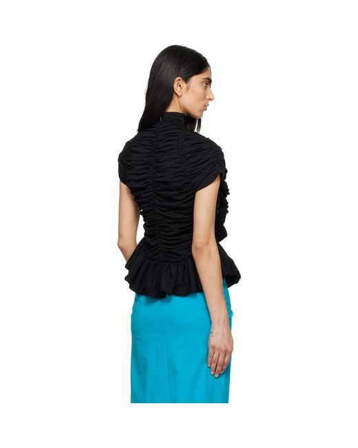 Dries Van Noten Black Fitted Gathered High-Neck Blouse