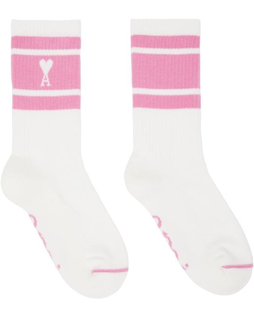AMI White & Pink Ami De Cœur Striped Socks