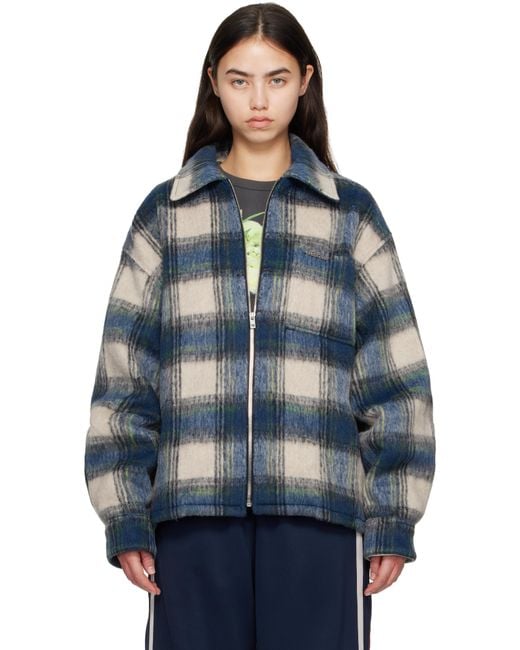 we11done Blue Script Logo Check Shirt Jacket